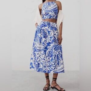 Banana Republic Factory Blue and white floral print crop top and midi skirt.